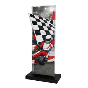 Acryl Trophäe Motorsport/Kart (Zielflagge und Kart), 10 mm Acryl, schwarzer Acrylsockel; Text/Logo druckbar.