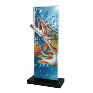 Acryl Trophäe Angeln (Fisch), 10 mm Acryl, schwarzer Acrylsockel; Text/Logo druckbar.