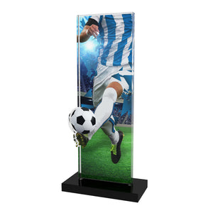 Acryl Trophäe mit Fußballspieler-Motiv, 10 mm Acryl und schwarzem Acrylsockel; Text/Logo auf Acrylteil druckbar.