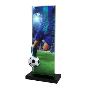 Acryl Trophäe mit Fußball-Motiv (Spieler in Blau), 10 mm Acryl und schwarzem Acrylsockel; Text/Logo druckbar.