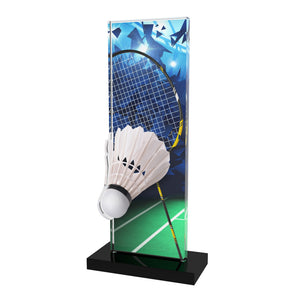 Acryl-Plaque mit schwarzem Sockel und Badmintonmotiv mit Schläger und Federball.