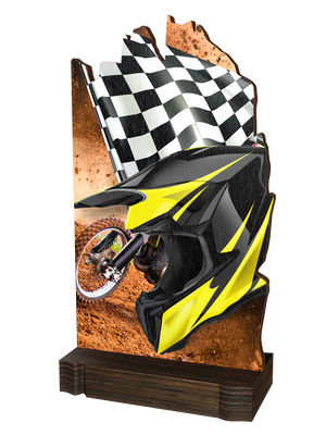 Colorful Wood Motocross-Trophäe mit gelb-schwarzem
Motocrosshelm, schwarz-weißer Zielflagge,
Motocross-Motorrad im Hintergrund sowie hochwertigem
dunkelbraunem Holzsockel. Ideal für Motocross-Rennen
und Ehrungen.