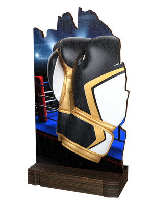 Colorful Wood Boxen-Trophäe mit schwarz-goldenen
Boxhandschuhen, dynamischem Hintergrund in Blau-, Gold
und Grautönen sowie hochwertigem dunkelbraunem
Holzsockel. Ideal für Boxturniere und Ehrungen.