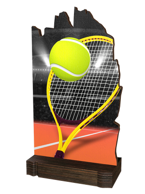 Colorful Wood Tennis-Trophäe mit gelbem Tennisschläger,
leuchtend grünem Tennisball, dynamischem Hintergrund in
Blau-, Orange- und Grautönen sowie hochwertigem
dunkelbraunem Holzsockel. Ideal für Tennisturniere
und Ehrungen.