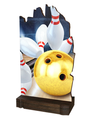 Colorful Wood Bowling-Trophäe mit glänzender goldener
Bowlingkugel, weißen Bowlingpins, dynamischem
Hintergrund in Rot-, Blau- und Grautönen sowie
hochwertigem dunkelbraunem Holzsockel. Ideal für
Bowlingturniere und Ehrungen.