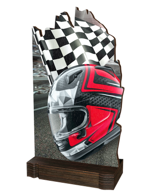 Colorful Wood Motorsport-Trophäe mit rot-schwarzem
Motorradhelm, schwarz-weißer Zielflagge, dynamischem
Hintergrund in Rot-, Grau- und Schwarztönen sowie
hochwertigem dunkelbraunem Holzsockel. Ideal für
Motorsportveranstaltungen und Ehrungen.
