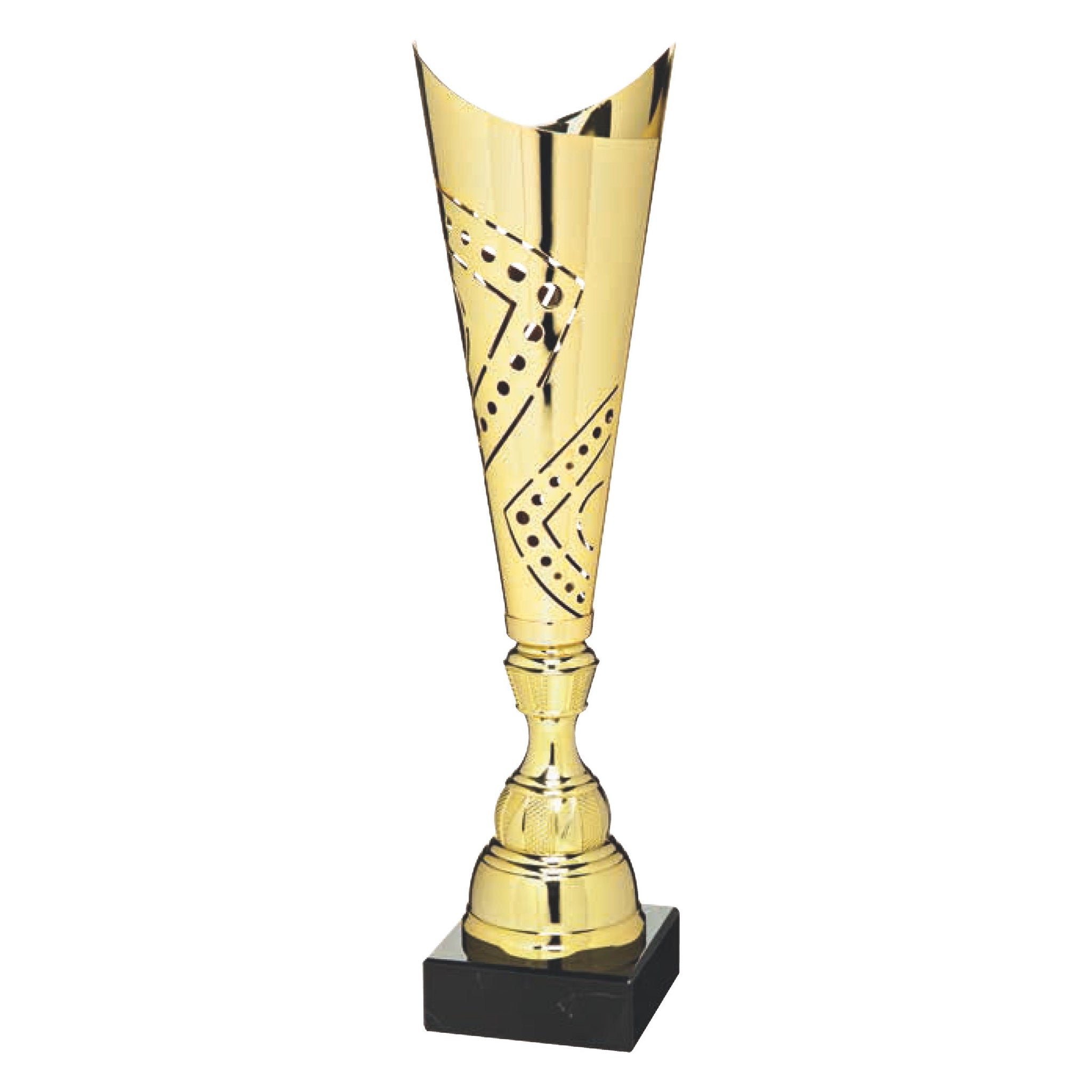 Der Pokal Adonis verbindet eine schlanke Linienführung mit einer dezent ausgearbeiteten Stanzung in Ornamentik im oberen Bereich. Der goldfarbene Kelch wirkt klar, frisch und modern - während die zarten Stanzungen dem Design eine besondere Note verleihen.