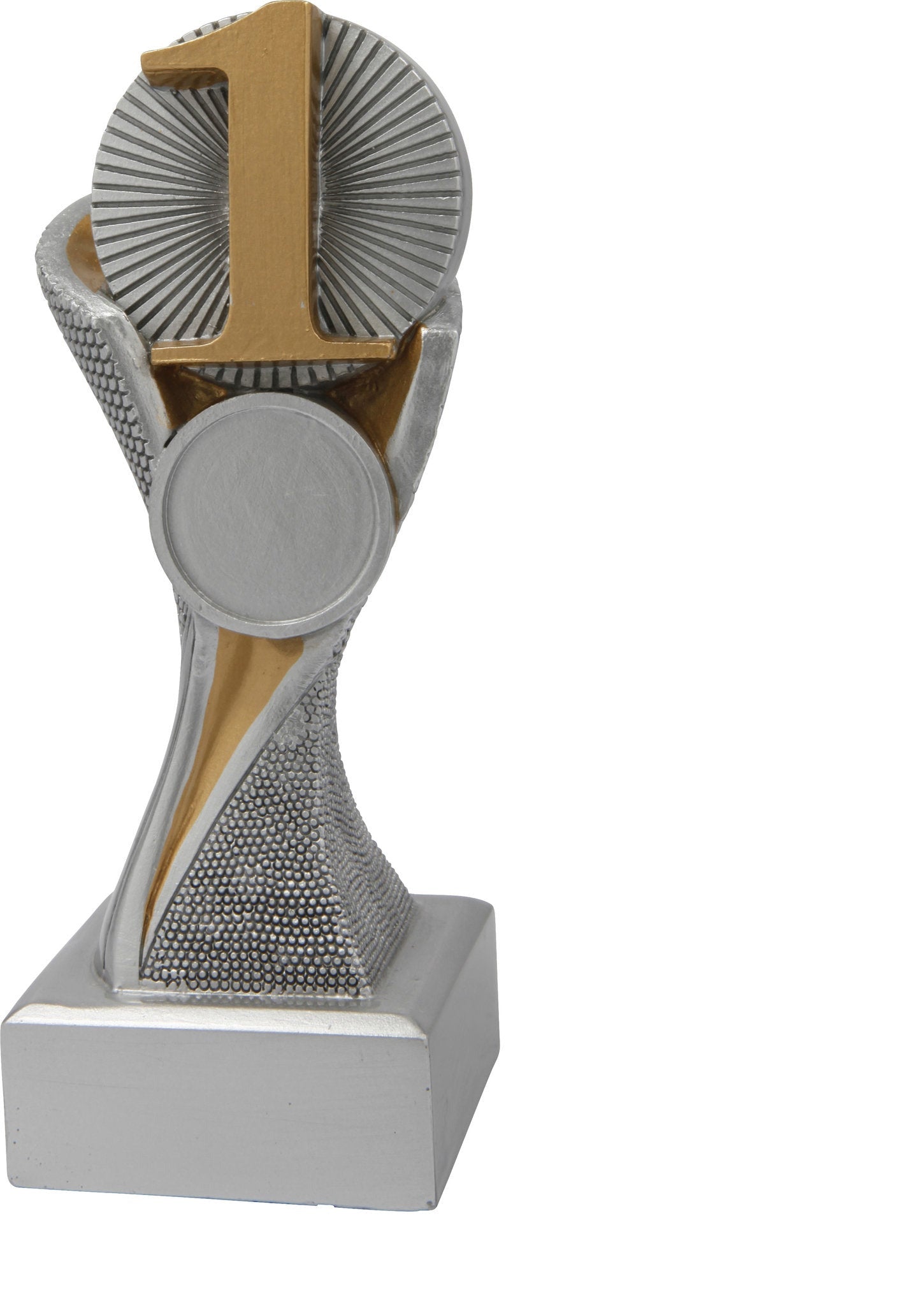 Moderne Sieger-Trophäe „1. Platz Groove“ in silber-goldenem Design mit großer Positionszahl „1“ und integriertem Emblem. Ideal für Turniere, Meisterschaften und sportliche Wettbewerbe. Inklusive Emblem nach Wahl (Ø 25 mm).