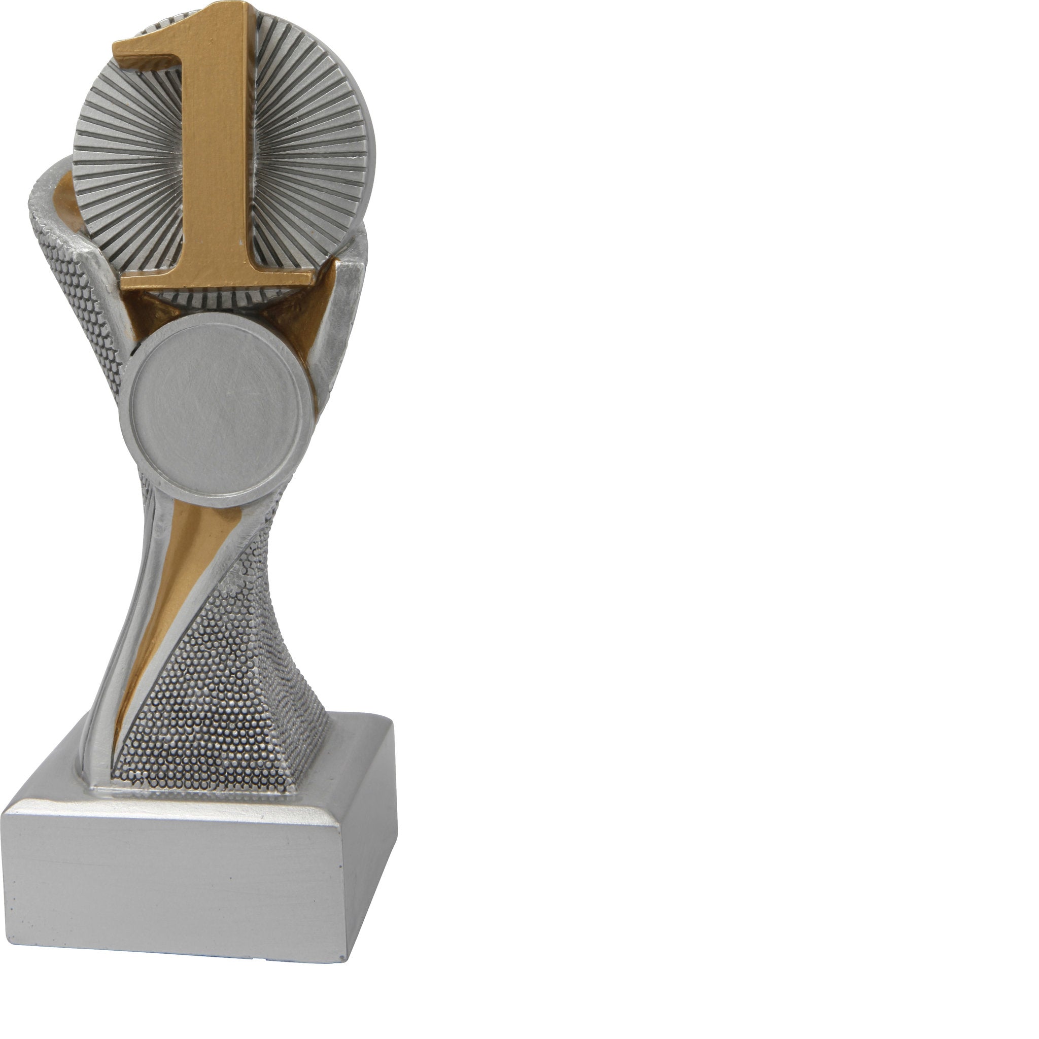 Moderne Sieger-Trophäe „1. Platz Groove“ in silber-goldenem Design mit großer Positionszahl „1“ und integriertem Emblem. Ideal für Turniere, Meisterschaften und sportliche Wettbewerbe. Inklusive Emblem nach Wahl (Ø 25 mm).