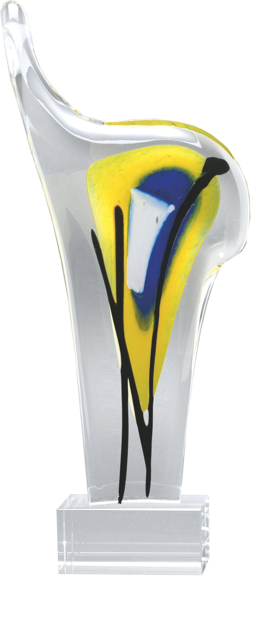 Handgefertigte Glasskulptur aus klarem Glas mit farbigen Einschlüssen in gelb und blau, kunsthandwerklich in Vollendung gefertigt.

Die Skulptur Heaven 24 wirkt wie ein freier, künstlerischer Ausdruck im Glas. Die Form wirkt wie eine Reise zum Höhepunkt d