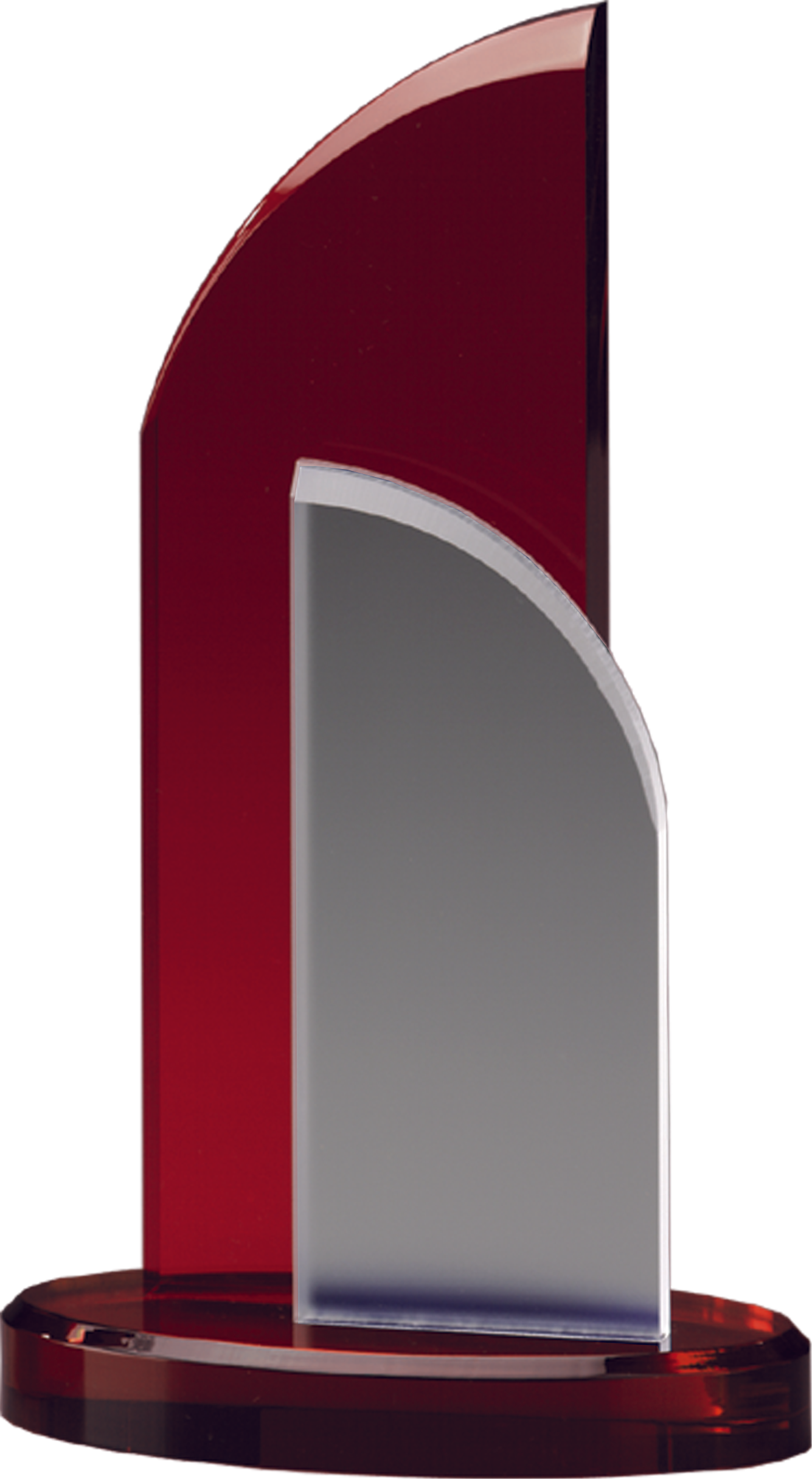 Moderne Fire Wing Acrylglas-Trophäe mit tiefroter
Rückplatte, transparenter Frontplatte und tiefrotem
Rundsockel im harmonisch gerundeten Mehrschichtdesign.