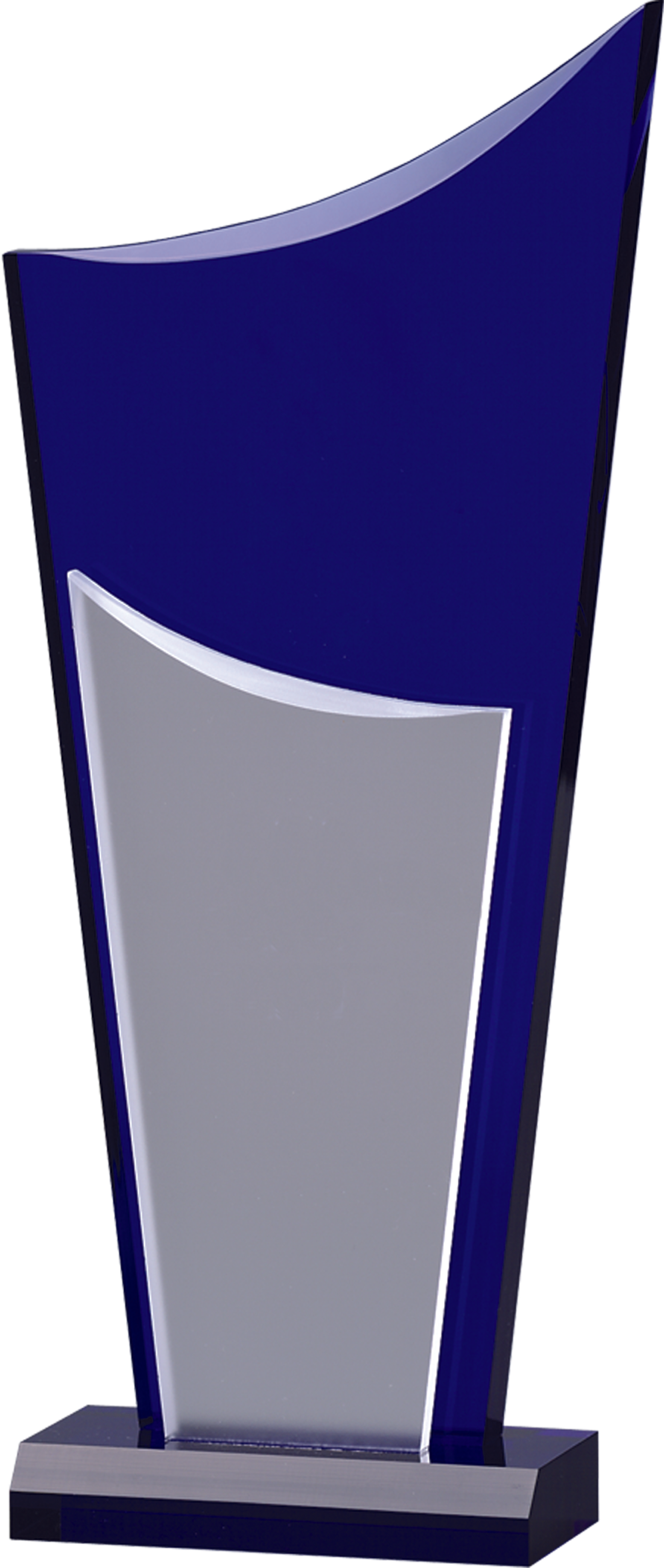 Moderne Indigo Drive Acrylglas-Trophäe mit tiefblauer
Rückplatte, transparenter Frontplatte und tiefblauem
Sockel im elegant geschwungenen Mehrschichtdesign.