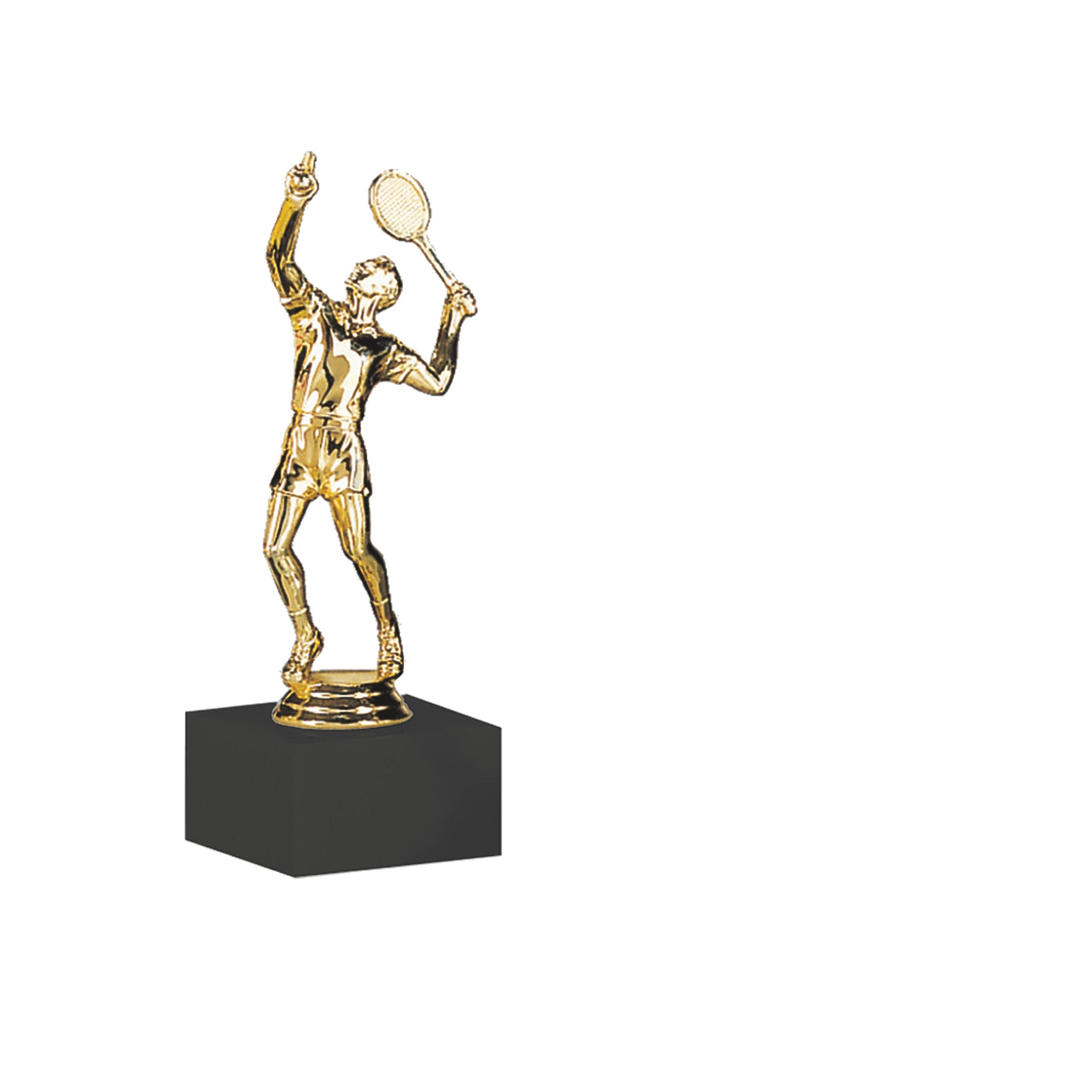 Die Tennis-Sportfigur zeigt einen Tennisspieler kurz vor dem Schlag und steht auf einem schwarzen Marmorsockel. Die dynamische Darstellung fängt Bewegung und Spannung perfekt ein und macht diese Figur zu einer idealen Auszeichnung für Turniere, Vereinsmei