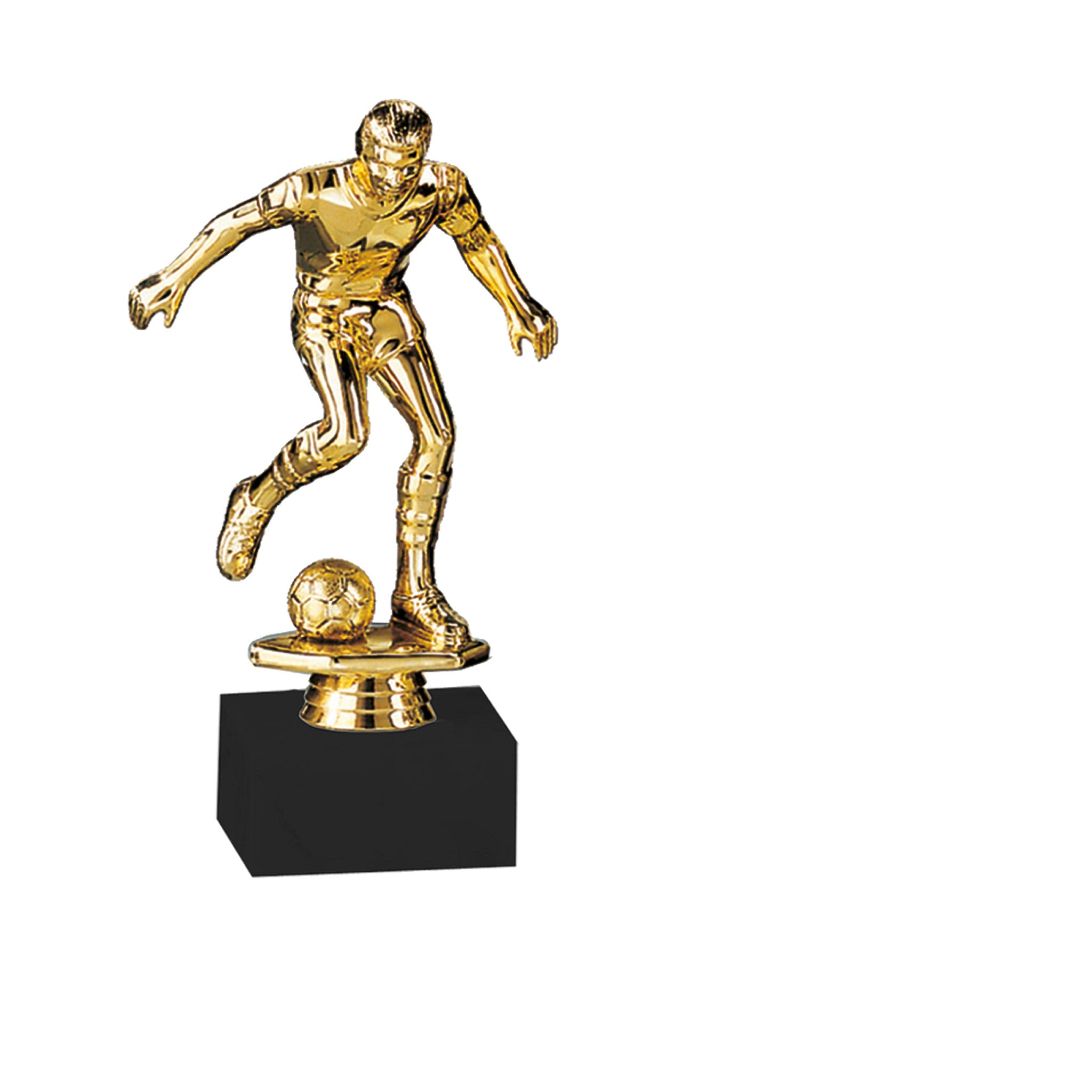 Die Fußball-Sportfigur zeigt einen Fußballer kurz vor dem Schuss und steht auf einem schwarzen Marmorsockel. Die dynamische Darstellung fängt Bewegung und Spannung perfekt ein und macht diese Figur zu einer idealen Auszeichnung für Turniere, Vereinsmeiste