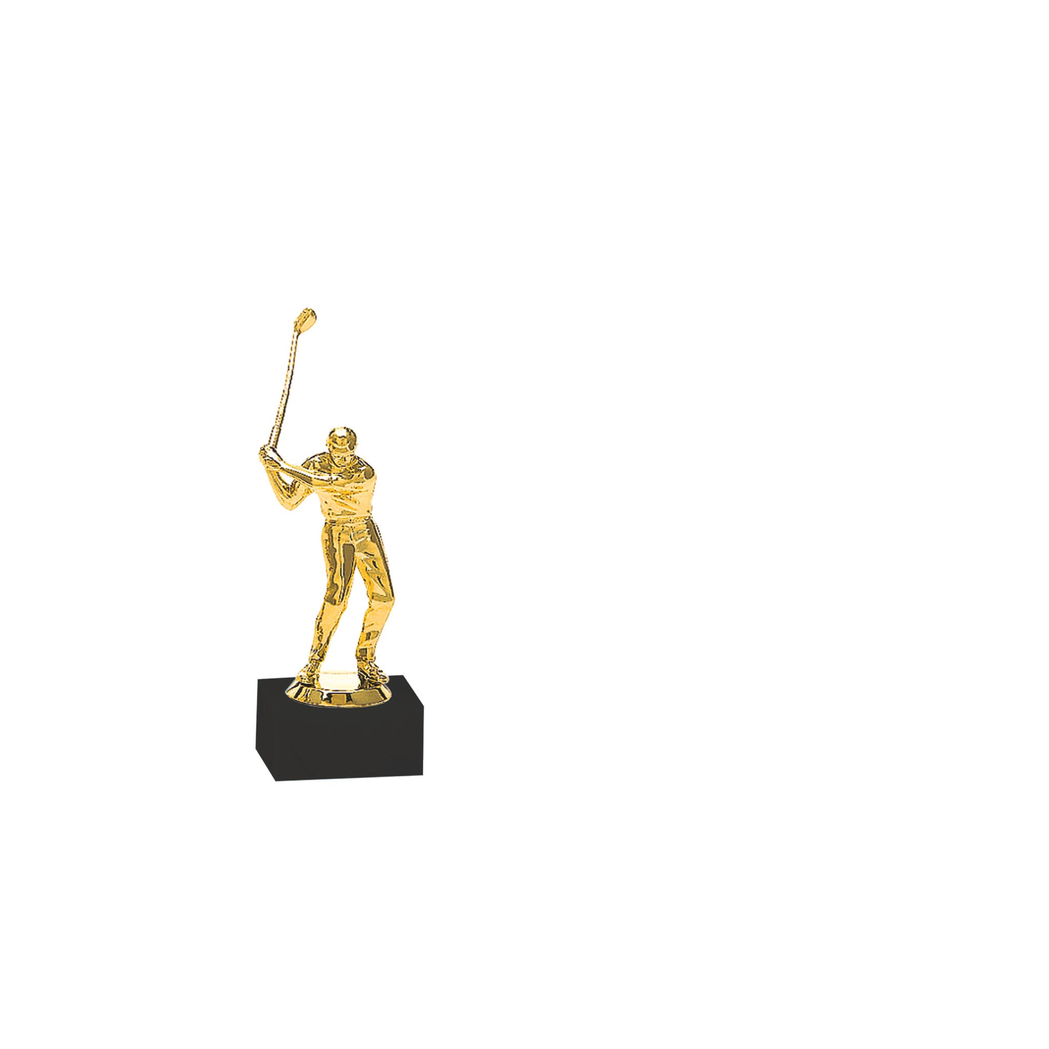 Die Golf-Sportfigur zeigt einen Golfer kurz vor dem Abschlag und steht auf einem schwarzen Marmorsockel. Die dynamische Pose verleiht der Figur Ausdruck und Eleganz und macht sie zu einer idealen Auszeichnung für Golfturniere, Vereinsmeisterschaften und s