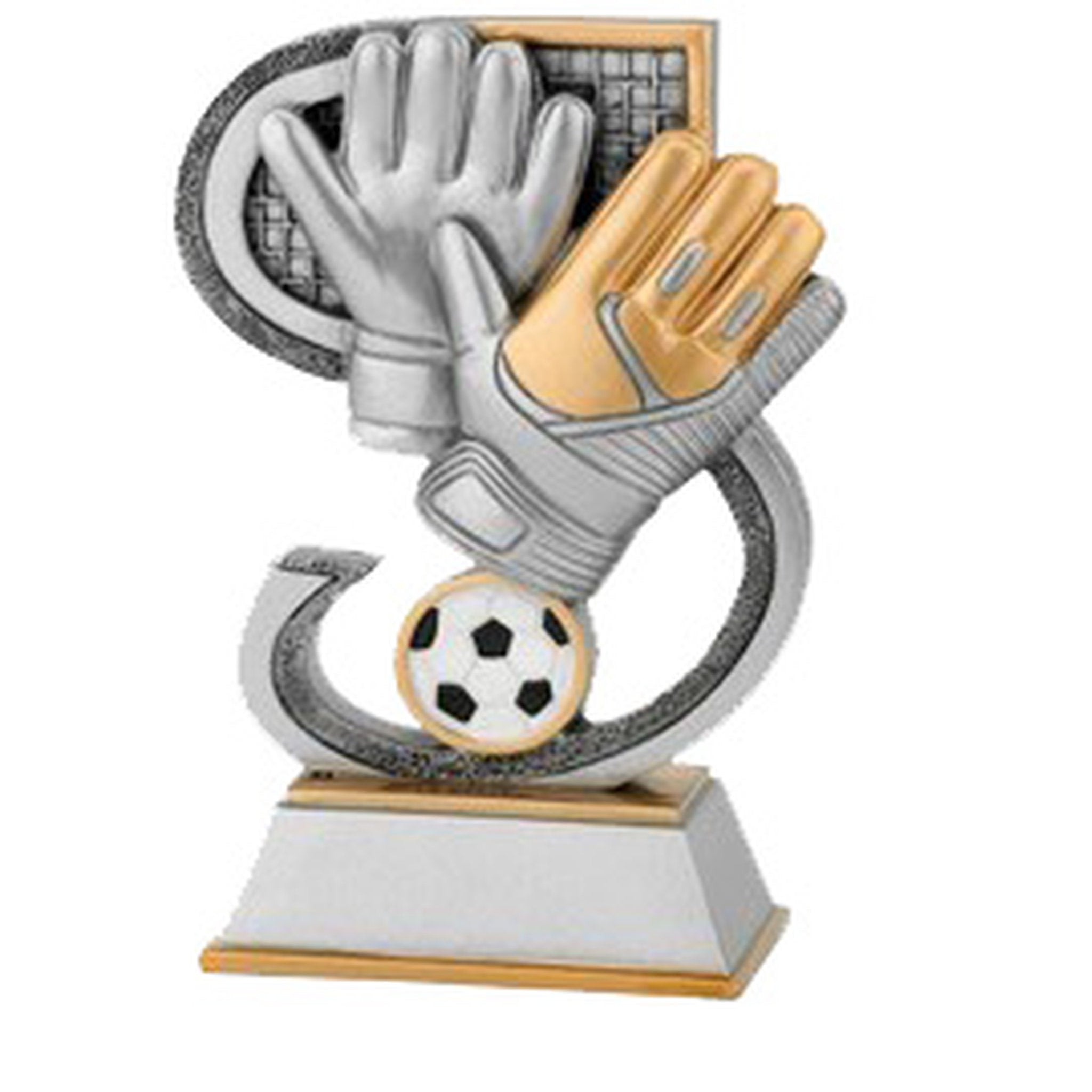 Die Tormann-Figur zeigt silber-goldene Handschuhe und Ball im Vordergrund, im Hintergrund ist ein angedeutetes Tornetz zu sehen. Die Figur steht auf einem weiß-goldenen Sockel und eignet sich perfekt für Fußballturniere, Vereinsmeisterschaften und sportli