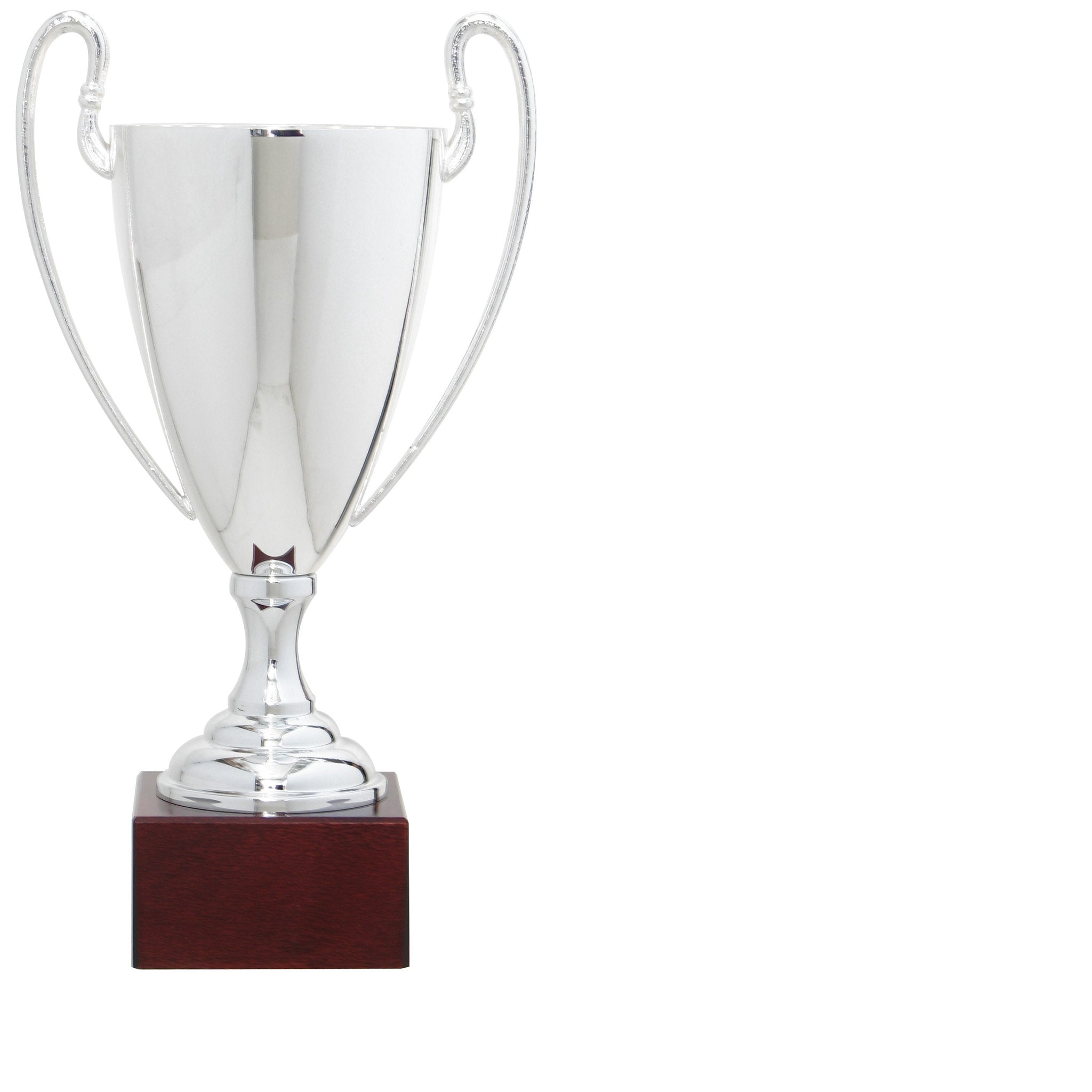 Der Pokal Eleganza verbindet klassische Linien mit einer ruhigen, schlanken Erscheinung. Der silberfarbene Kelch wird von fein geschwungenen Henkeln eingerahmt und steht auf einem dunklen Sockel, der Stabilität verleiht.

Die Form wirkt zurückhaltend und