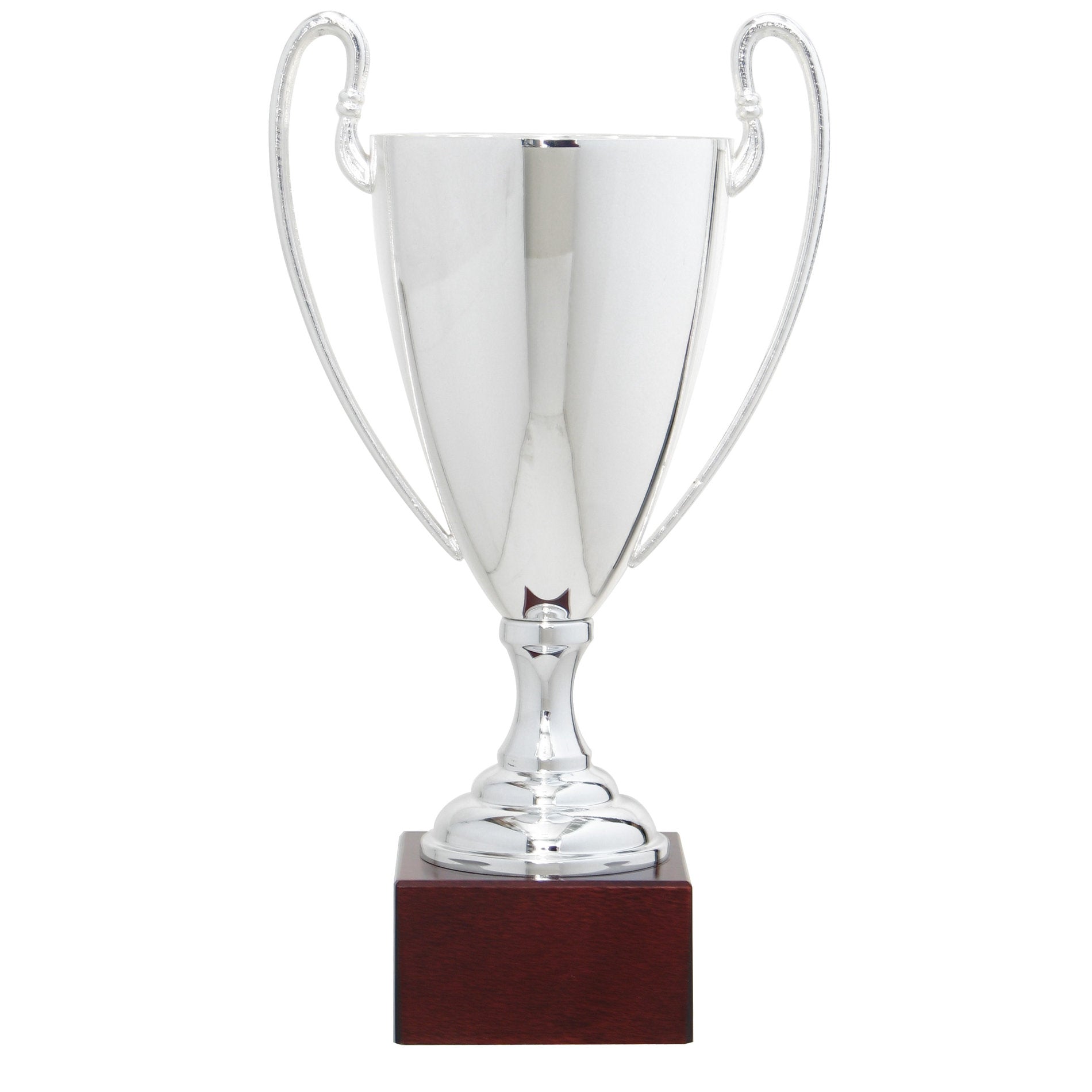 Der Pokal Eleganza verbindet klassische Linien mit einer ruhigen, schlanken Erscheinung. Der silberfarbene Kelch wird von fein geschwungenen Henkeln eingerahmt und steht auf einem dunklen Sockel, der Stabilität verleiht.

Die Form wirkt zurückhaltend und