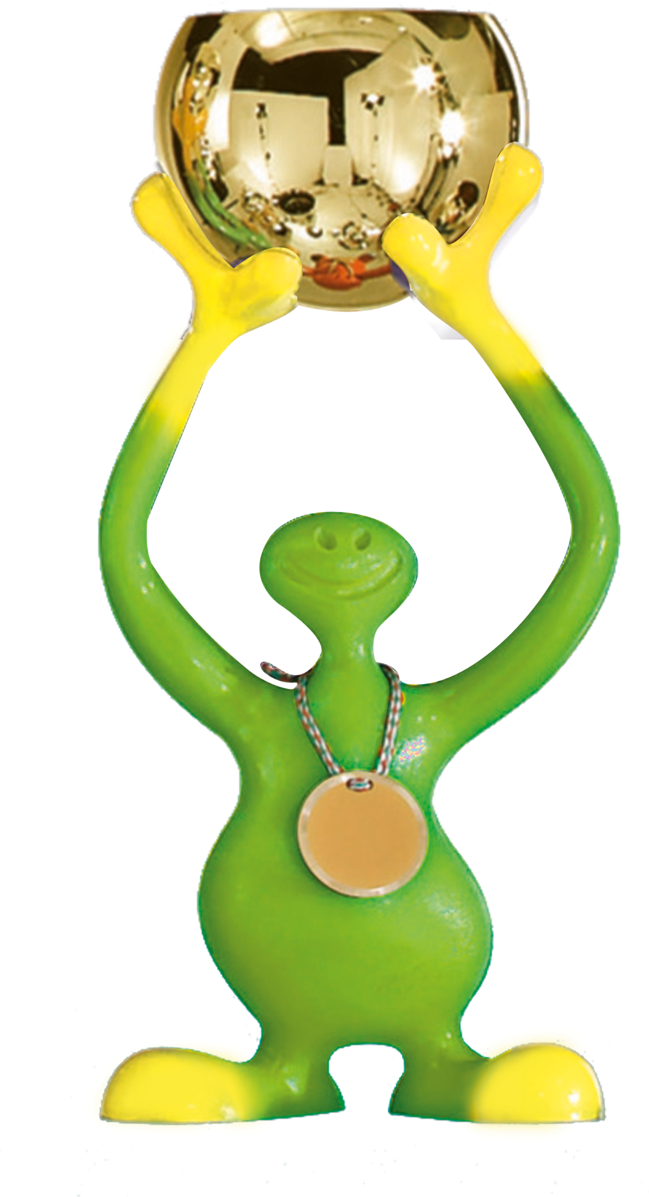 Grünfarbener Bibo-Kinderpokal mit
gelben Akzenten, goldfarbener Pokalschale
und runder Medaille für individuelle Gravuren.