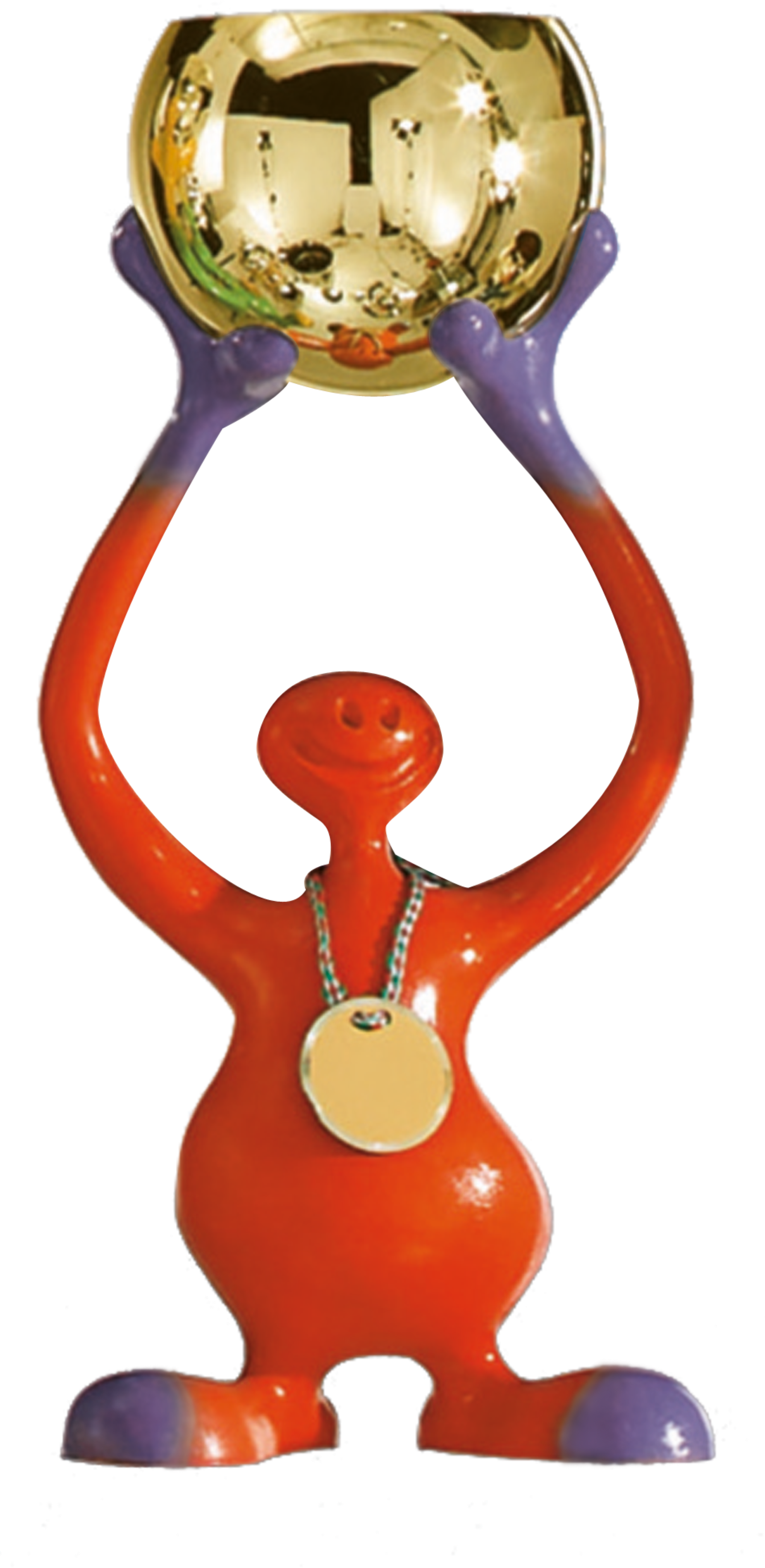 Orangefarbener Bibo-Kinderpokal mit
violetten Akzenten, goldfarbener Pokalschale
und runder Medaille für individuelle Gravuren.