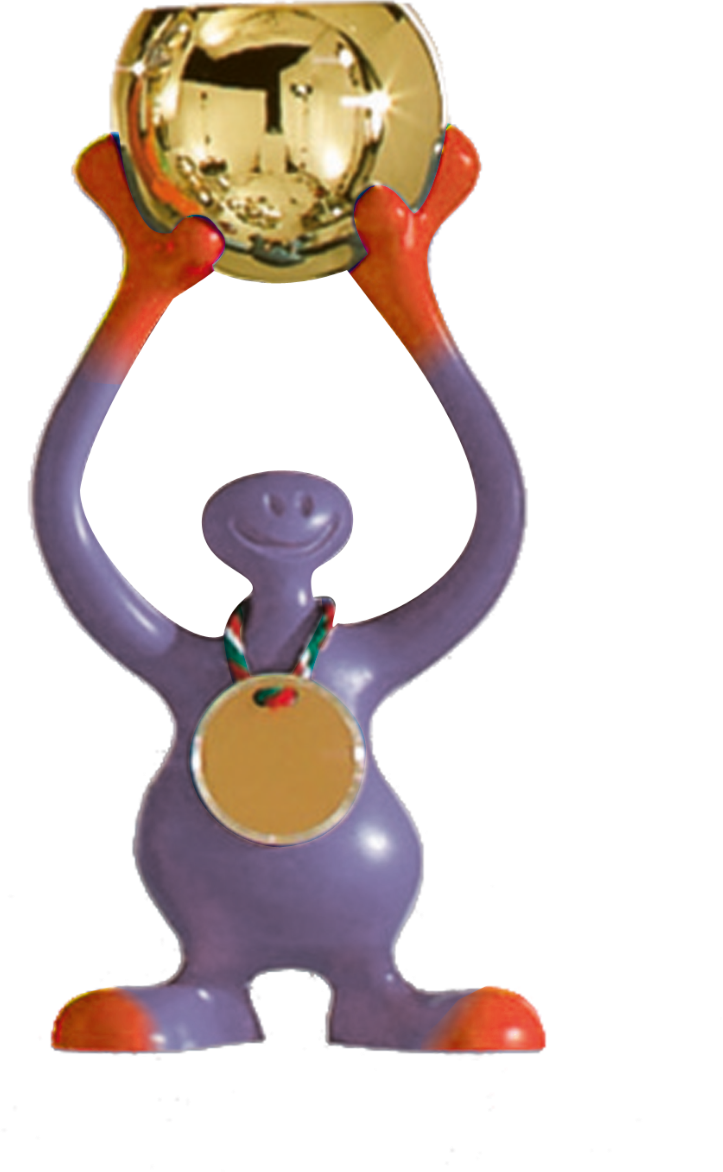 Blaue Bibo-Figuren-Trophäe mit orangenen
Akzenten, goldfarbener Pokalschale und
runder Medaille für individuelle Gravuren.