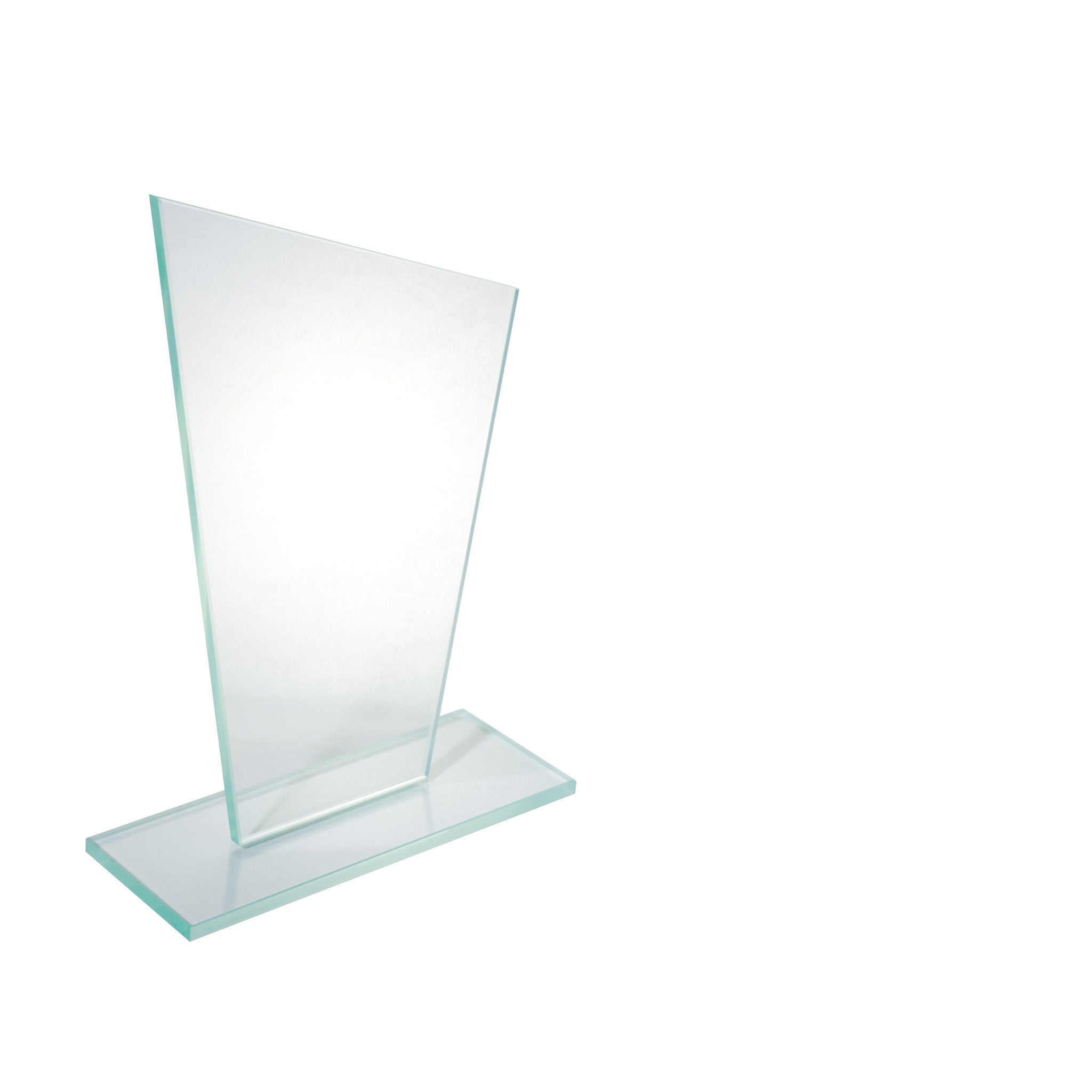 Schlanke Glastrophäe in aqua-grüner Glasfarbe mit 6 mm Glasstärke auf Glassockel, handgefertigt und geeignet für moderne und dynamische Auszeichnungen.