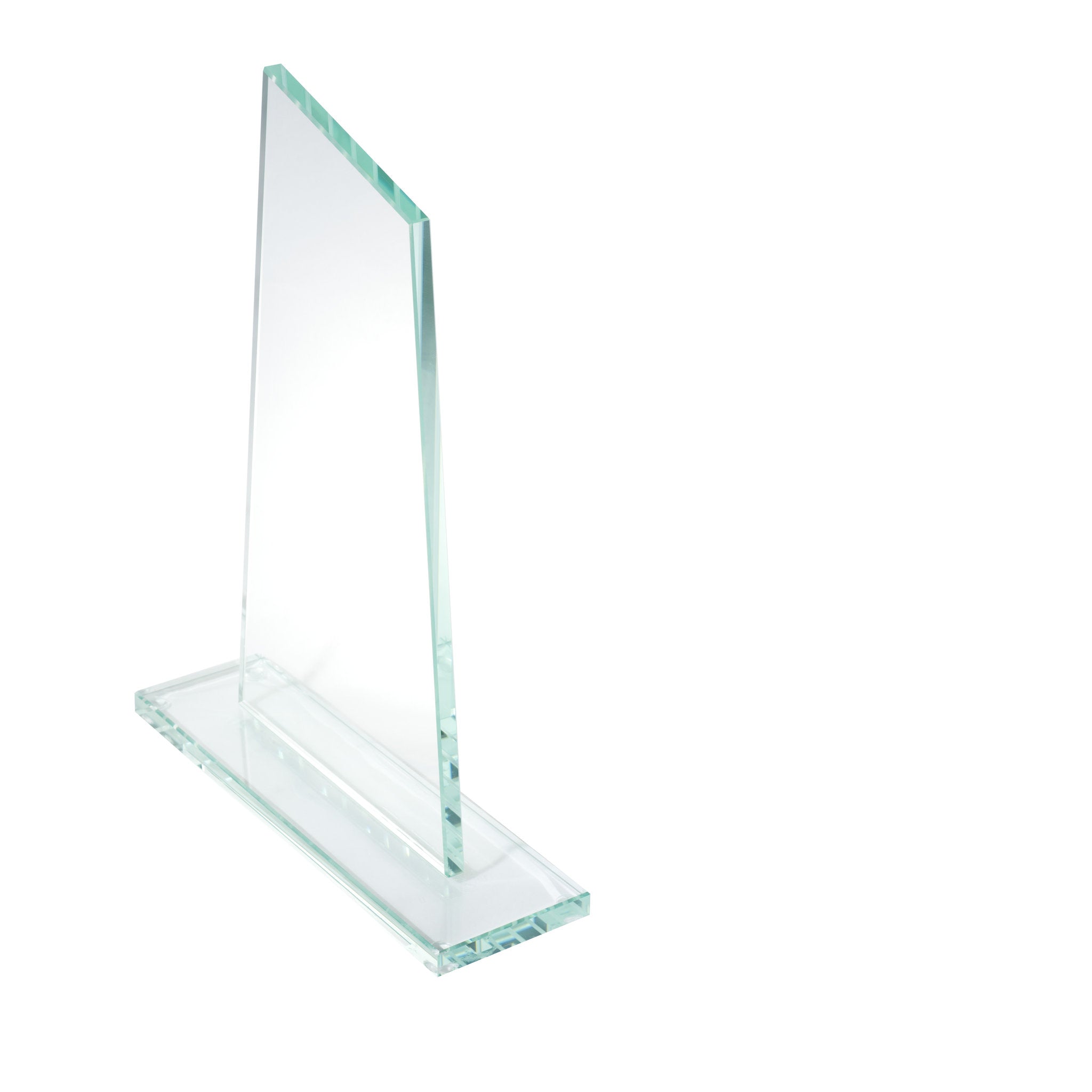 Asymmetrische Glastrophäe in aqua-grüner Glasfarbe mit 10 mm Glasstärke auf Glassockel, handgefertigt und geeignet für festliche und feierliche Ehrungen.