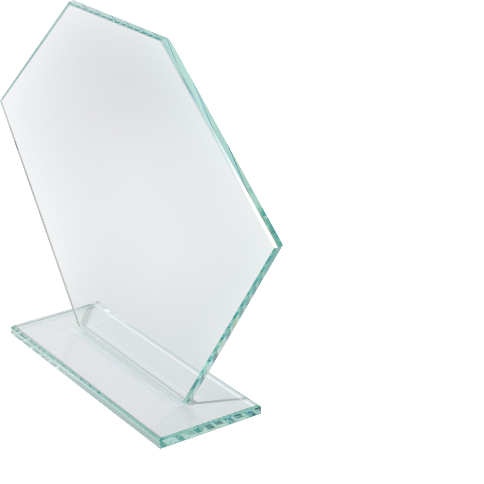Symmetrische Glastrophäe in aqua-grüner Glasfarbe mit 5 mm Glasstärke auf Glassockel, handgefertigt und geeignet für vielseitige Ehrungen.