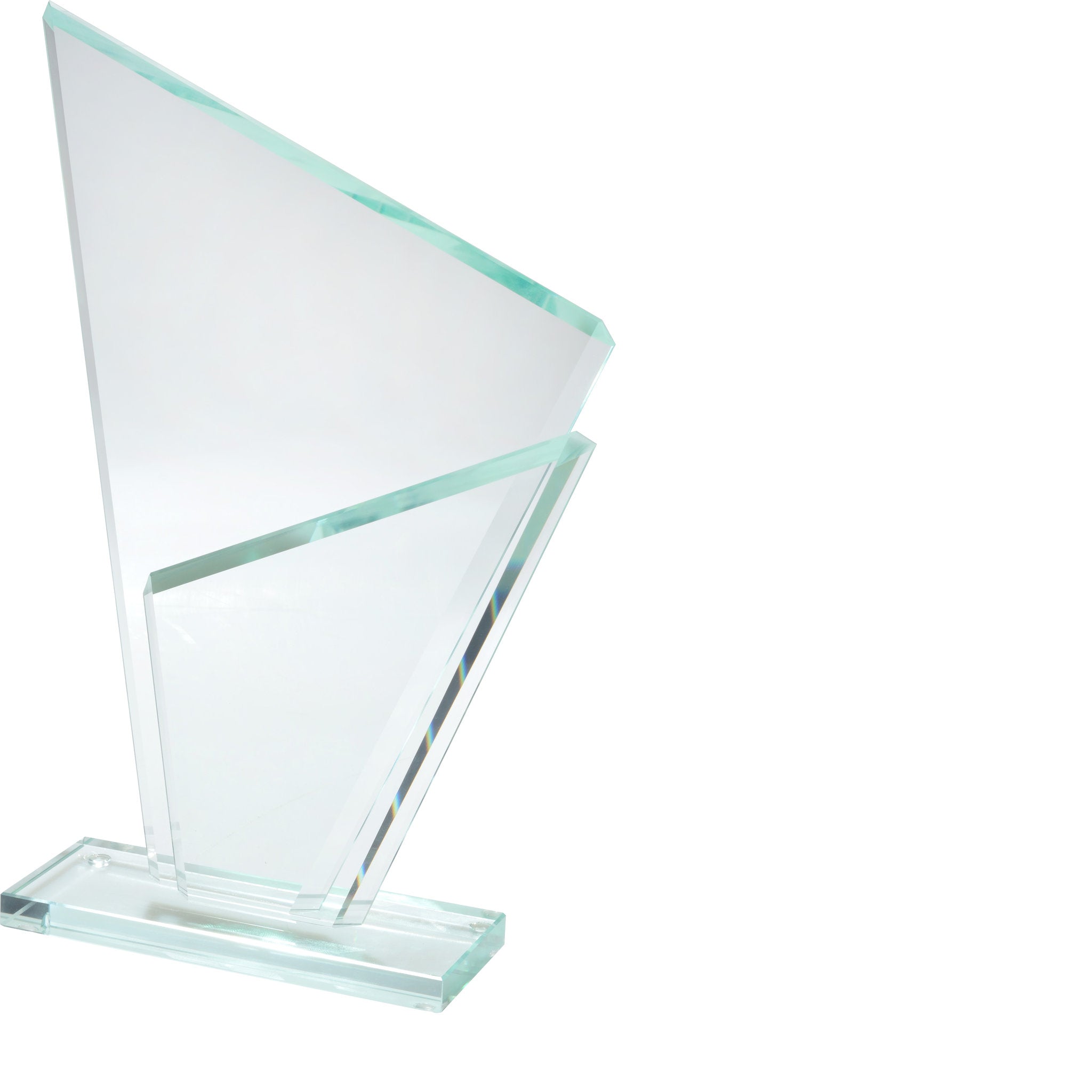 Moderne Glastrophäe in aqua-grüner Glasfarbe mit spannender Linienführung und doppelter Glasstruktur aus 2 × 8 mm Glas, handgefertigt und geeignet für Ehrungen und Anlässe unterschiedlicher Arten.