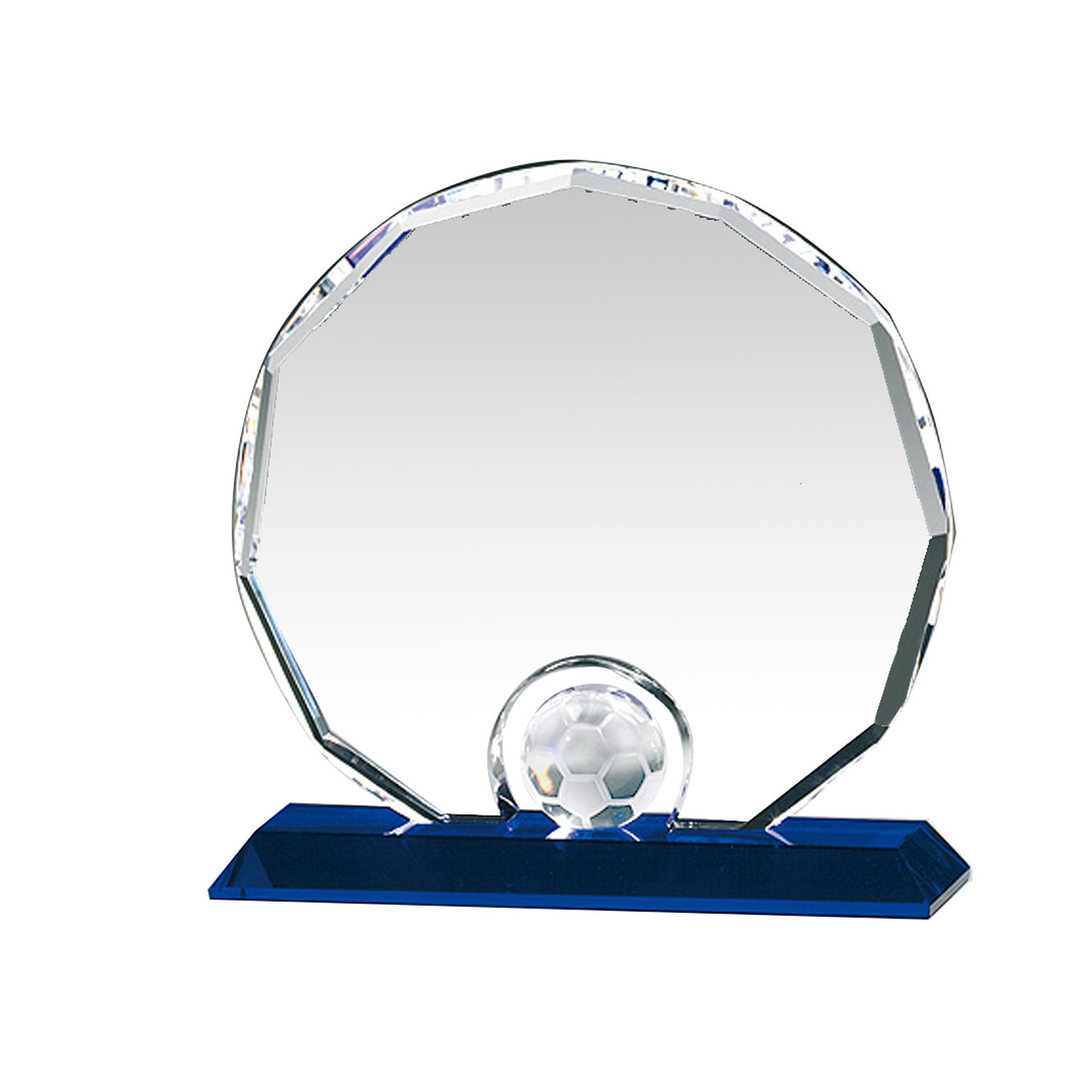 Runde Kristallglas-Trophäe mit geschliffenem Rand und integrierter Kristallkugel, handgefertigt und geeignet für besondere Ehrungen.