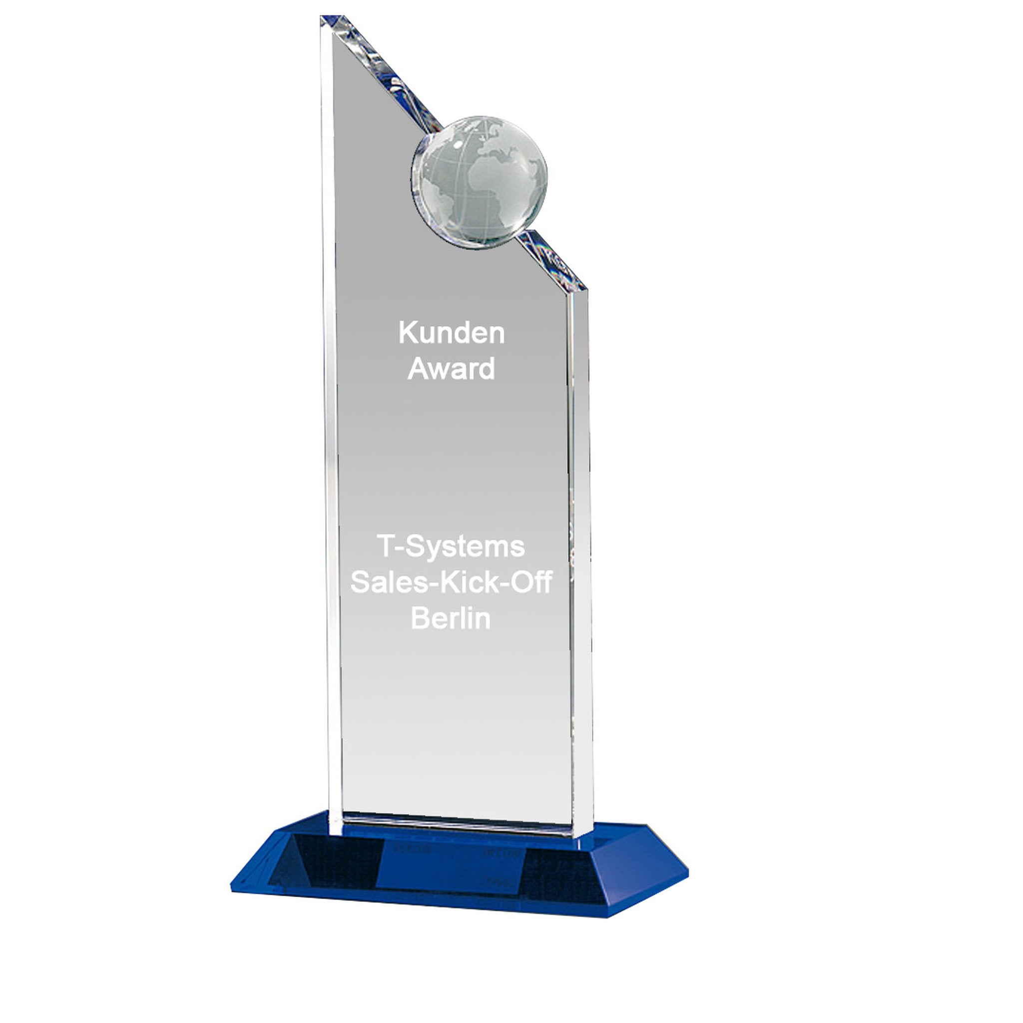 Aufrecht stehende Kristallglas-Trophäe mit integrierter Kristallkugel auf farbigem Sockel in blau, handgefertigt und geeignet für hochwertige Leistungs- und Anerkennungsauszeichnungen.