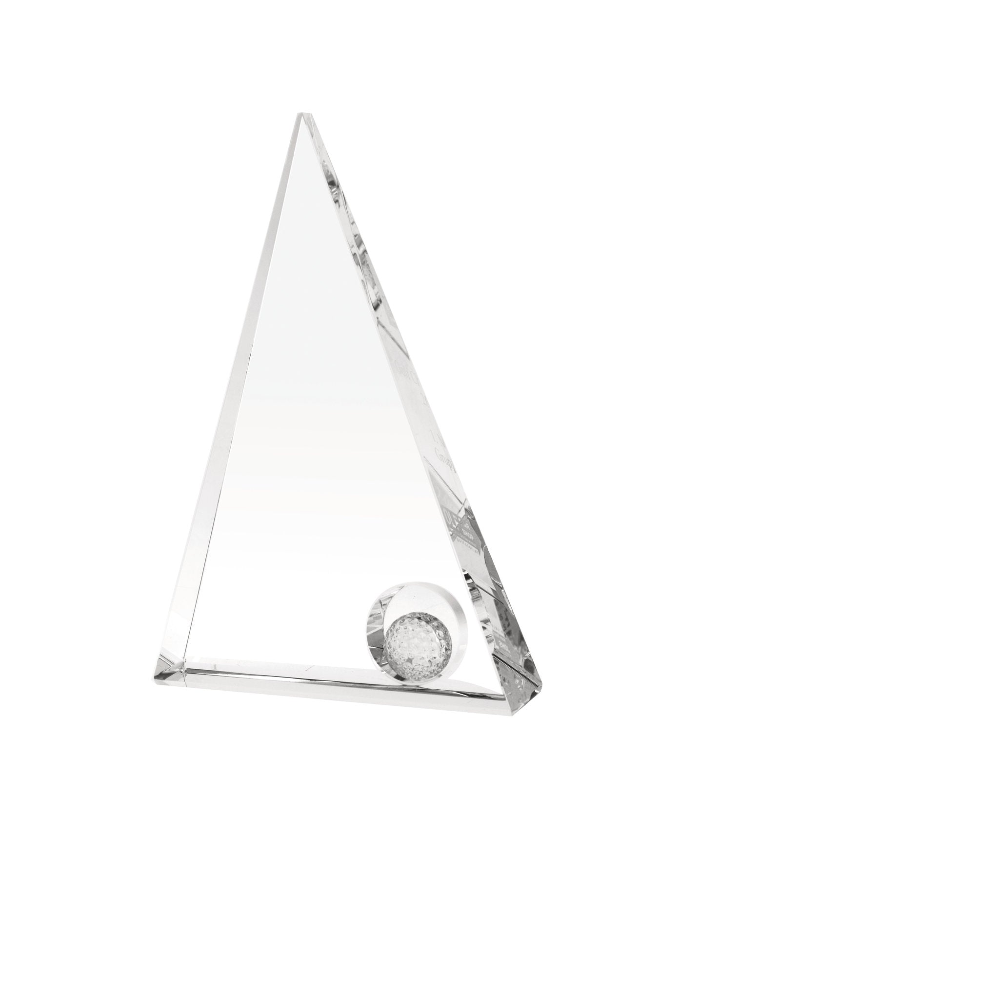Vertikale Kristallglas-Trophäe in Pyramidenform mit integrierter Kristallkugel, handgefertigt und geeignet für besondere Auszeichnungen.