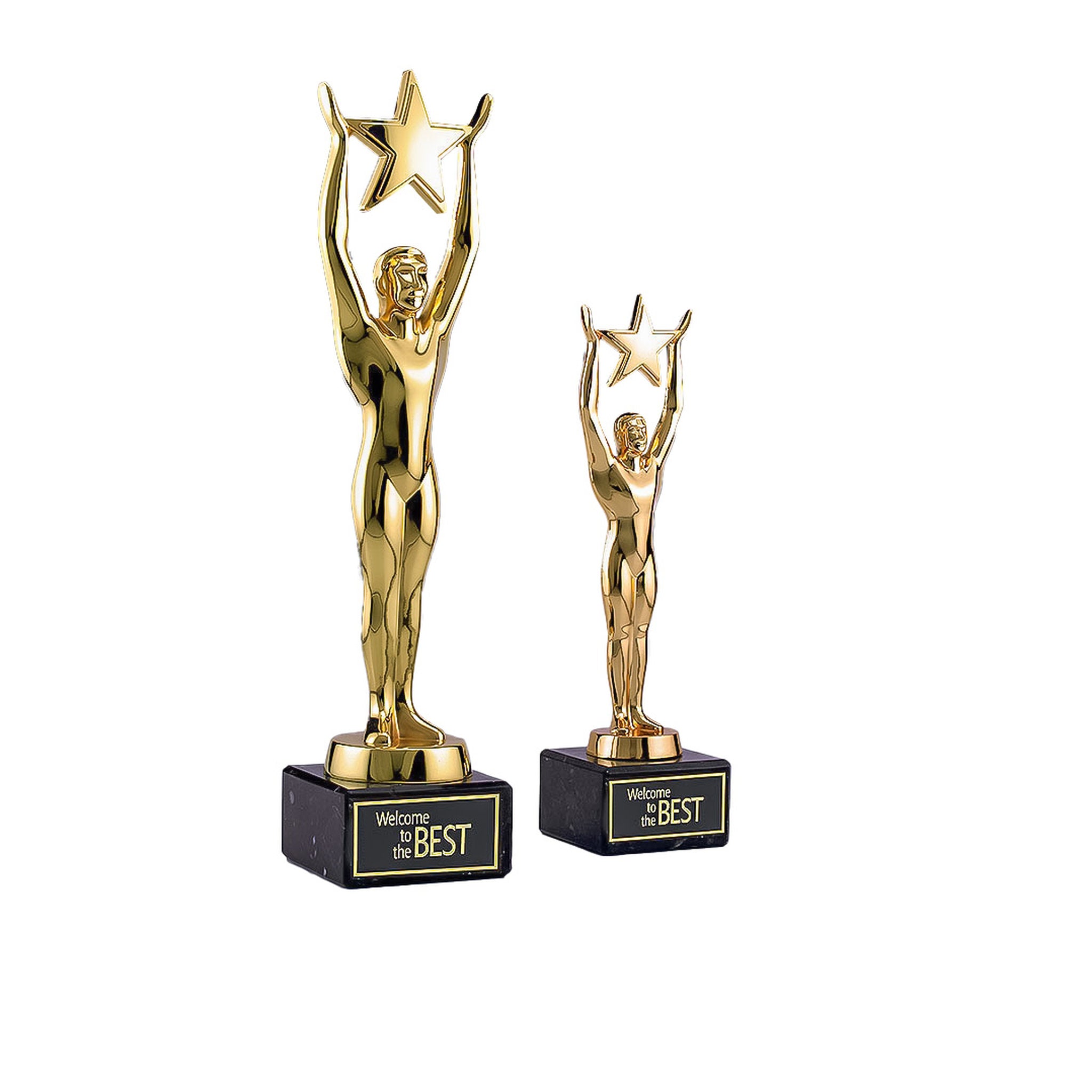 Die Star Achievement ist der Klassiker unter den Trophäen: Eine Metall-Figur mit Stern auf Marmorsockel, hochglanzpoliert und in Goldoptik veredelt. Sie steht für Exklusivität, Prestige und besondere Anerkennung – ideal für herausragende Ehrungen.