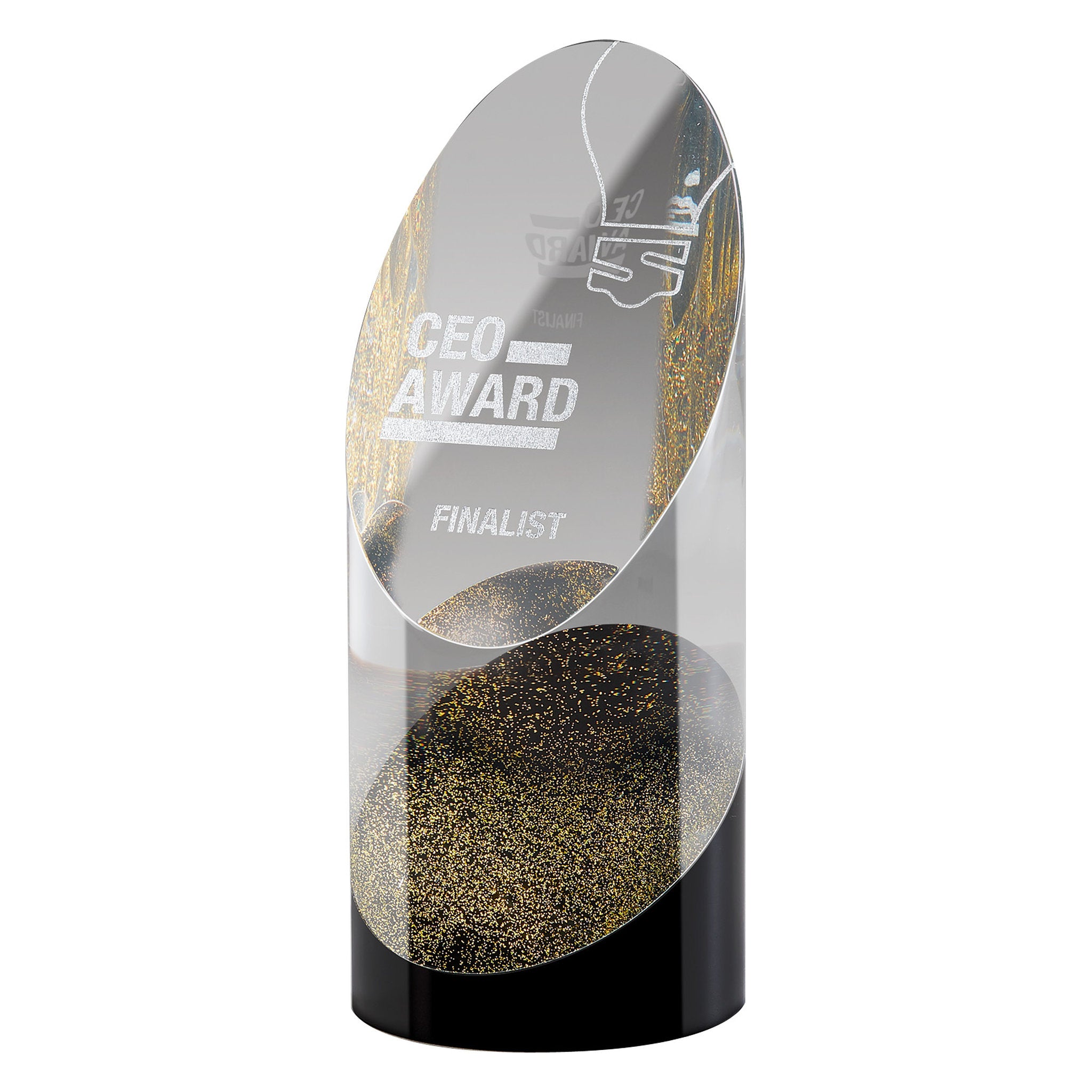 Exklusive Kristallglas-Trophäe mit Gold-Elementen auf schwarzem Sockel, handgefertigt und geeignet für besonders repräsentative Auszeichnungen.