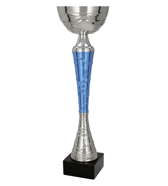 Kornblume Pokal mit schlanker silberfarbener Form, auffälligem
blauem Mittelkörper und dekorativen Verzierungen. Der schwarze
Sockel sorgt für einen eleganten Abschluss – ideal für Sportturniere,
Wettbewerbe, Siegerehrungen und besondere Auszeichnungen.