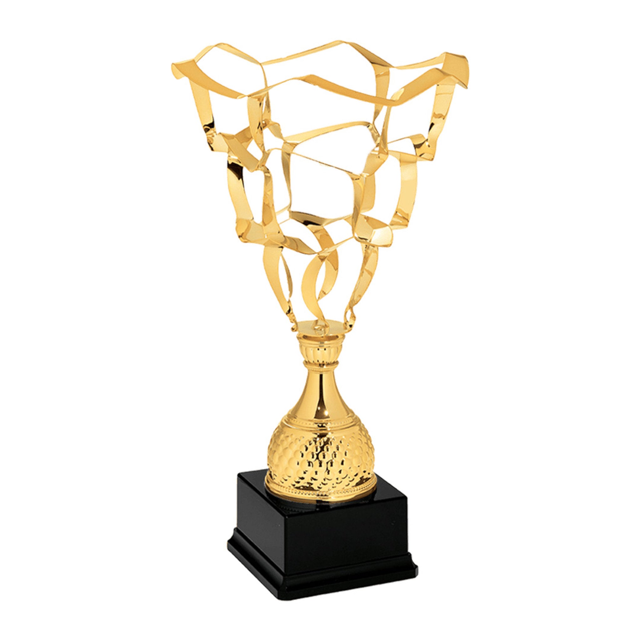 Der Pokal Akelei Gold glänzt mit seinem außergewöhnlichen Design. Die offen verbundene und netzartige Struktur verleiht ihm eine lockere Note und macht ihn zu einem Blickfang. Die Goldoptik wirkt kraftvoll und zugleich filigran ausgearbeitet.

Das untere