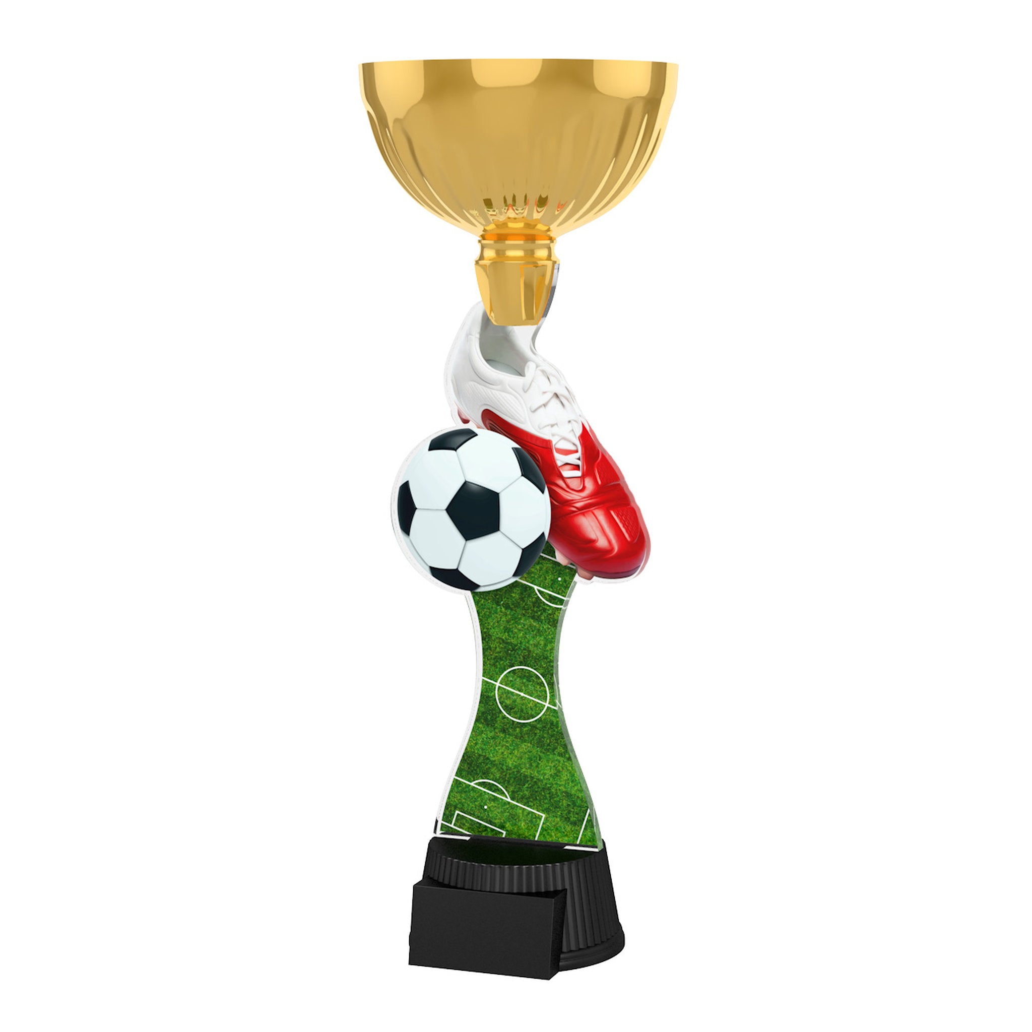 Bunter Pokal aus 6 mm Acryl mit goldfarbener Schale und schwarzem Kunststoffsockel.