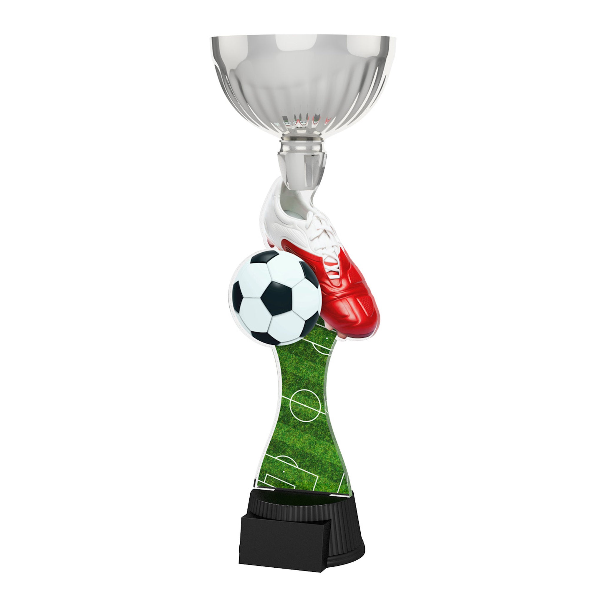 Bunter Pokal aus 6 mm Acryl mit silberfarbener Schale und schwarzem Kunststoffsockel.