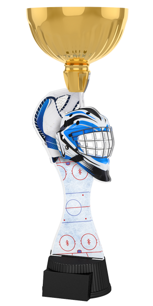 Acryl-Trophäe ACUPC 10 G Gold für Eishockey mit blau-weißem
Torwarthelm, Fanghandschuh, Eisfläche-Hintergrund, eleganter
goldener Schale und schwarzem Gravursockel.
