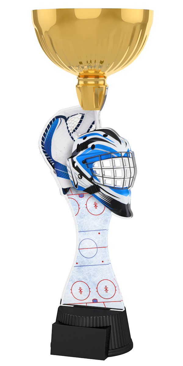 Acryl-Trophäe ACUPC 10 G Gold für Eishockey mit blau-weißem
Torwarthelm, Fanghandschuh, Eisfläche-Hintergrund, eleganter
goldener Schale und schwarzem Gravursockel.