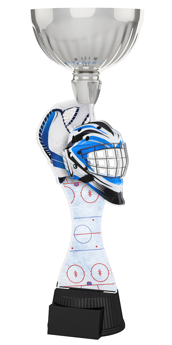 Acryl-Trophäe ACUPC 10 S Silber für Eishockey mit blau-weißem
Torwarthelm, Fanghandschuh, Eisfläche-Hintergrund, eleganter
Silberener Schale und schwarzem Gravursockel.