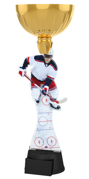 Edle Trophäe im Eishockey-Design mit goldfarbenem Kelch,
detailreichem Eishockeyspieler in Aktion, Schaft mit
Eisbahn-Linien und schwarzem Sockel. Perfekt für
Auszeichnungen, Ehrungen und Eishockeyturniere.