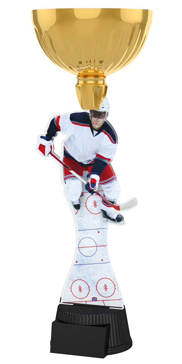 Edle Trophäe im Eishockey-Design mit goldfarbenem Kelch,
detailreichem Eishockeyspieler in Aktion, Schaft mit
Eisbahn-Linien und schwarzem Sockel. Perfekt für
Auszeichnungen, Ehrungen und Eishockeyturniere.