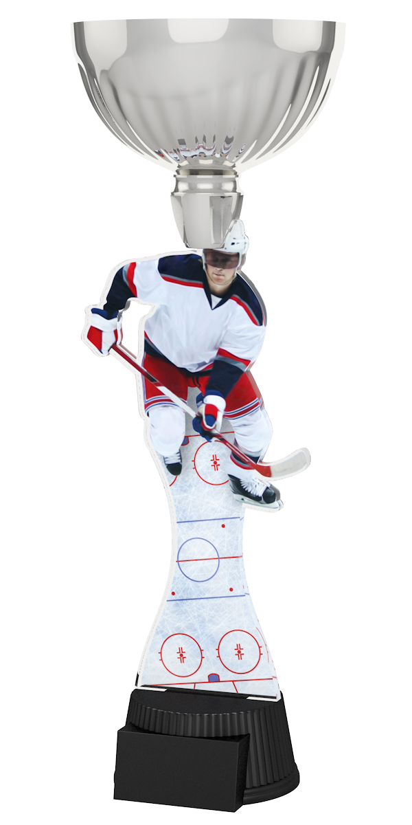 Edle Trophäe im Eishockey-Design mit Silberfarbenem Kelch,
detailreichem Eishockeyspieler in Aktion, Schaft mit
Eisbahn-Linien und schwarzem Sockel. Perfekt für
Auszeichnungen, Ehrungen und Eishockeyturniere.