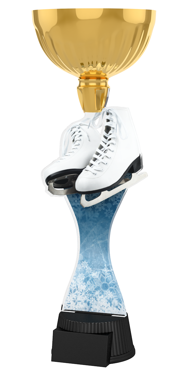 Edle Trophäe im Eiskunstlauf-Design mit goldfarbenem Kelch, weißen 
Schlittschuhen, eisblauem Schaft mit Schneeflockenmuster und schwarzem
Sockel. Perfekt für Auszeichnungen, Ehrungen und Eiskunstlaufwettbewerbe.
