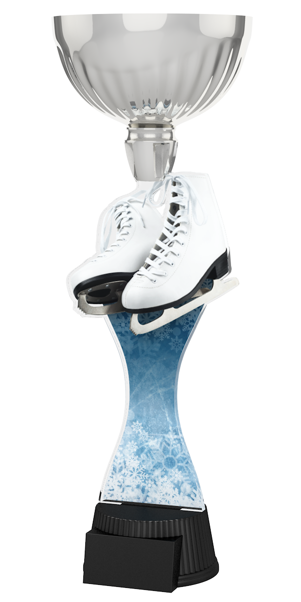 Edle Trophäe im Eiskunstlauf-Design mit Silberfarbenem Kelch, weißen 
Schlittschuhen, eisblauem Schaft mit Schneeflockenmuster und schwarzem
Sockel. Perfekt für Auszeichnungen, Ehrungen und Eiskunstlaufwettbewerbe.
