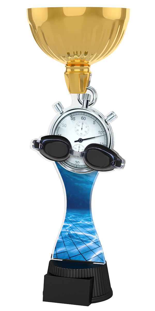 Acryl-Trophäe ACUPC 13 G Gold für Schwimmen mit klassischer 
Stoppuhr, schwarzer Schwimmbrille, Wasserbecken-Hintergrund, 
eleganter goldener Schale und schwarzem Gravursockel.