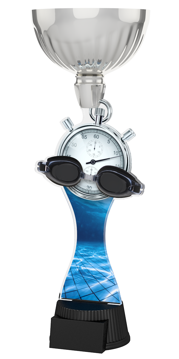 Acryl-Trophäe ACUPC 13 S Silber für Schwimmen mit klassischer 
Stoppuhr, schwarzer Schwimmbrille, Wasserbecken-Hintergrund, 
eleganter Silberener Schale und schwarzem Gravursockel.