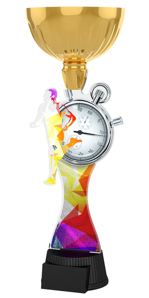 Acryl-Trophäe ACUPC 15 G Gold für Leichtathletik und Laufsport mit buntem
 Läufer-Silhouettenmotiv, Stoppuhr, geometrischem Farbverlauf-Hintergrund
, eleganter goldener Schale und schwarzem Gravursockel.