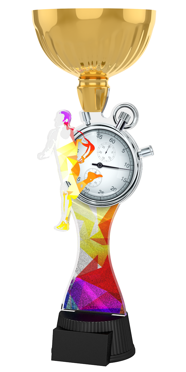Acryl-Trophäe ACUPC 15 G Gold für Leichtathletik und Laufsport mit buntem
 Läufer-Silhouettenmotiv, Stoppuhr, geometrischem Farbverlauf-Hintergrund
, eleganter goldener Schale und schwarzem Gravursockel.